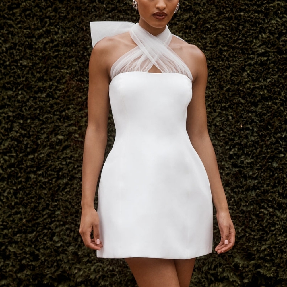 Meshki White Mini Dress with Sheer Cross-Strap Neckline